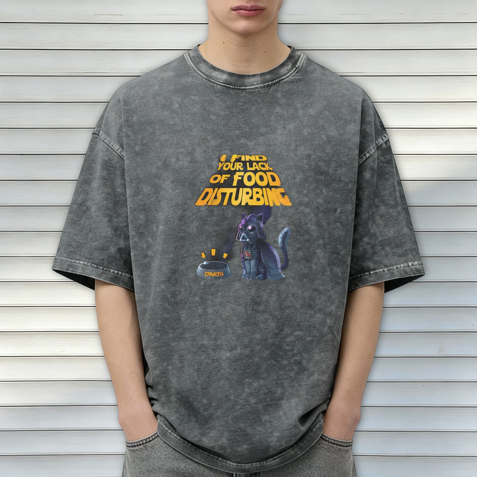 Washed black t-shirt with funny Darth Vader cat food quote