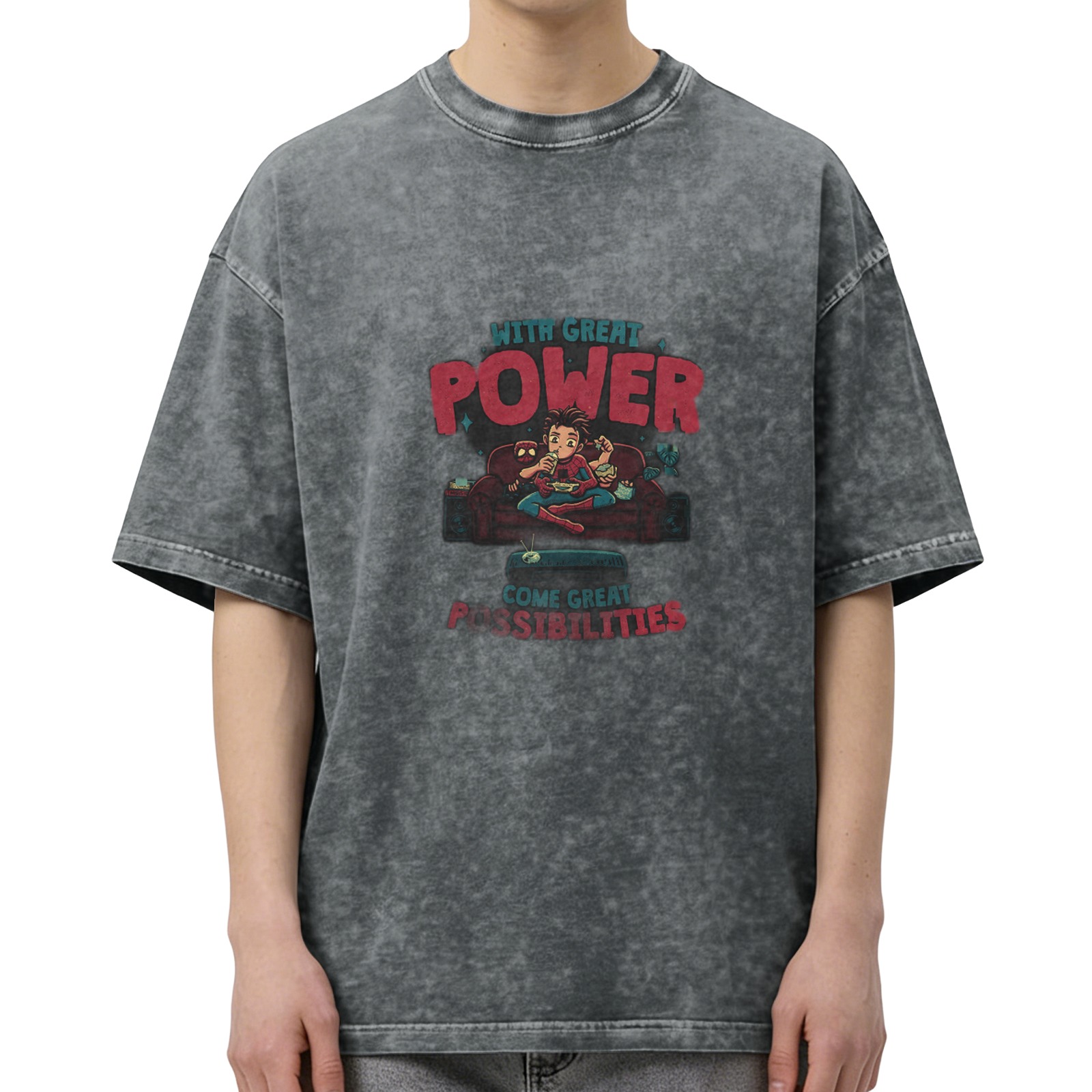 Washed Black Graphic T-Shirt With Spider-Man 'With Great Power' Design