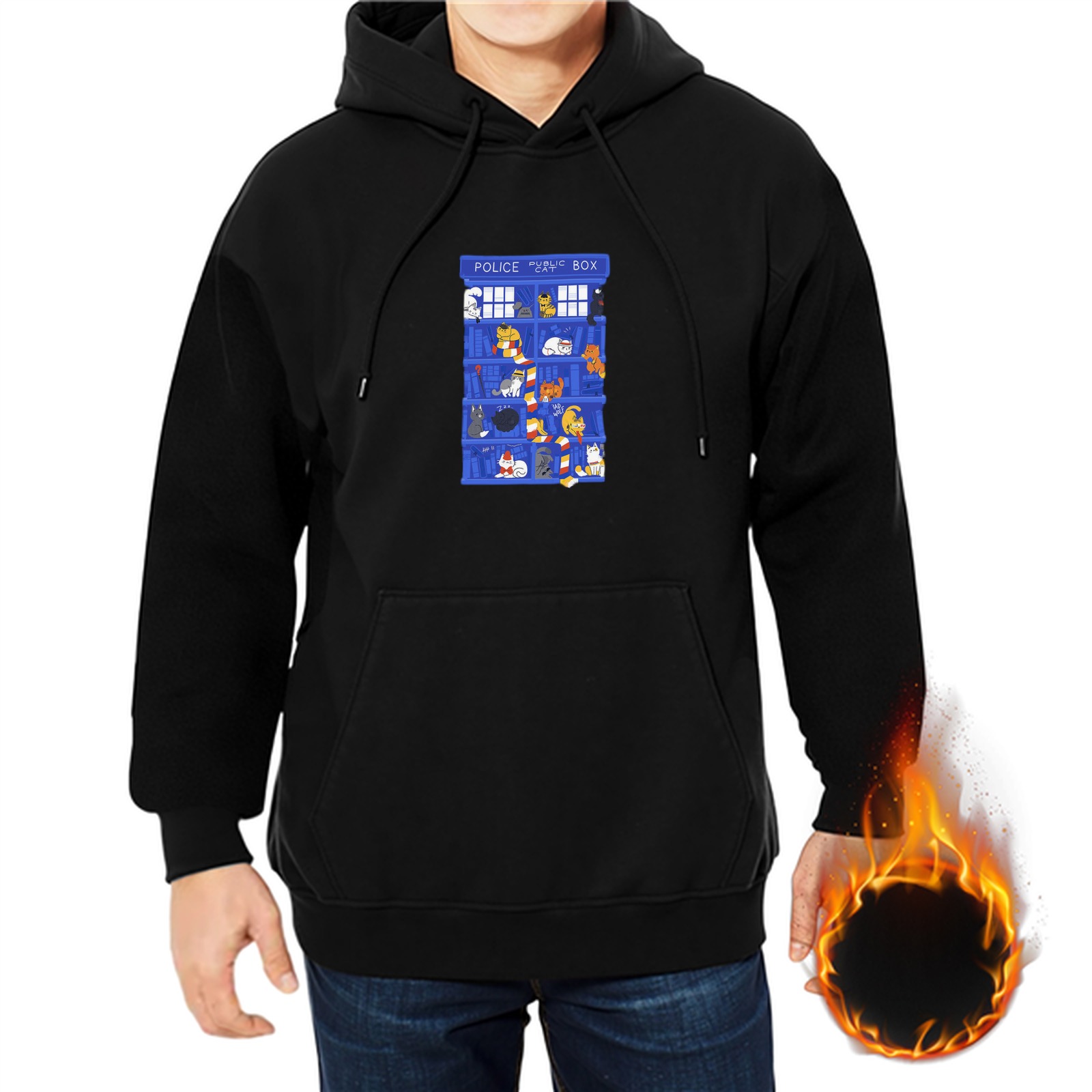 Black hoodie with TARDIS police box filled with cats graphic