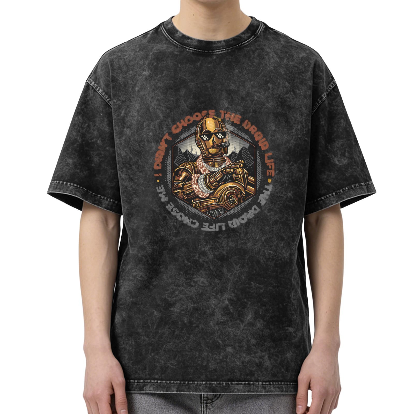Washed black graphic t-shirt with droid hip hop design