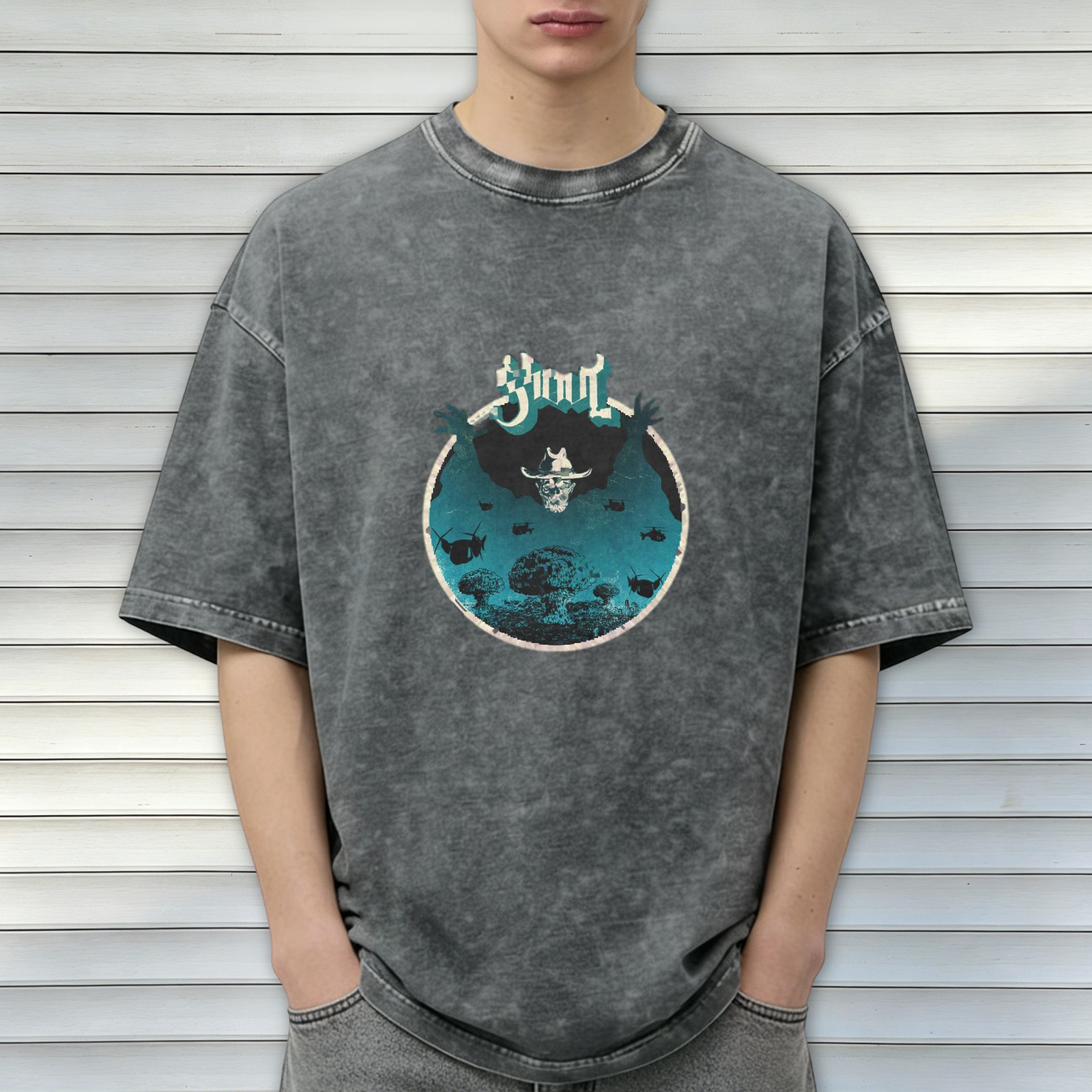 Washed Black Graphic T-Shirt with Skull and Mushroom Cloud Art