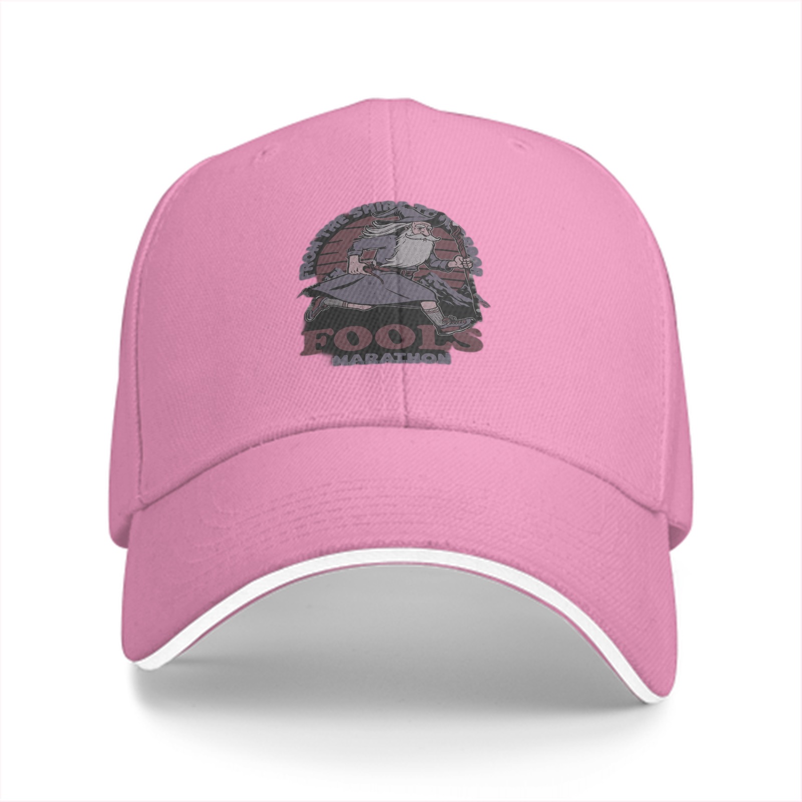 Black baseball cap with 'Fools Marathon' wizard graphic print