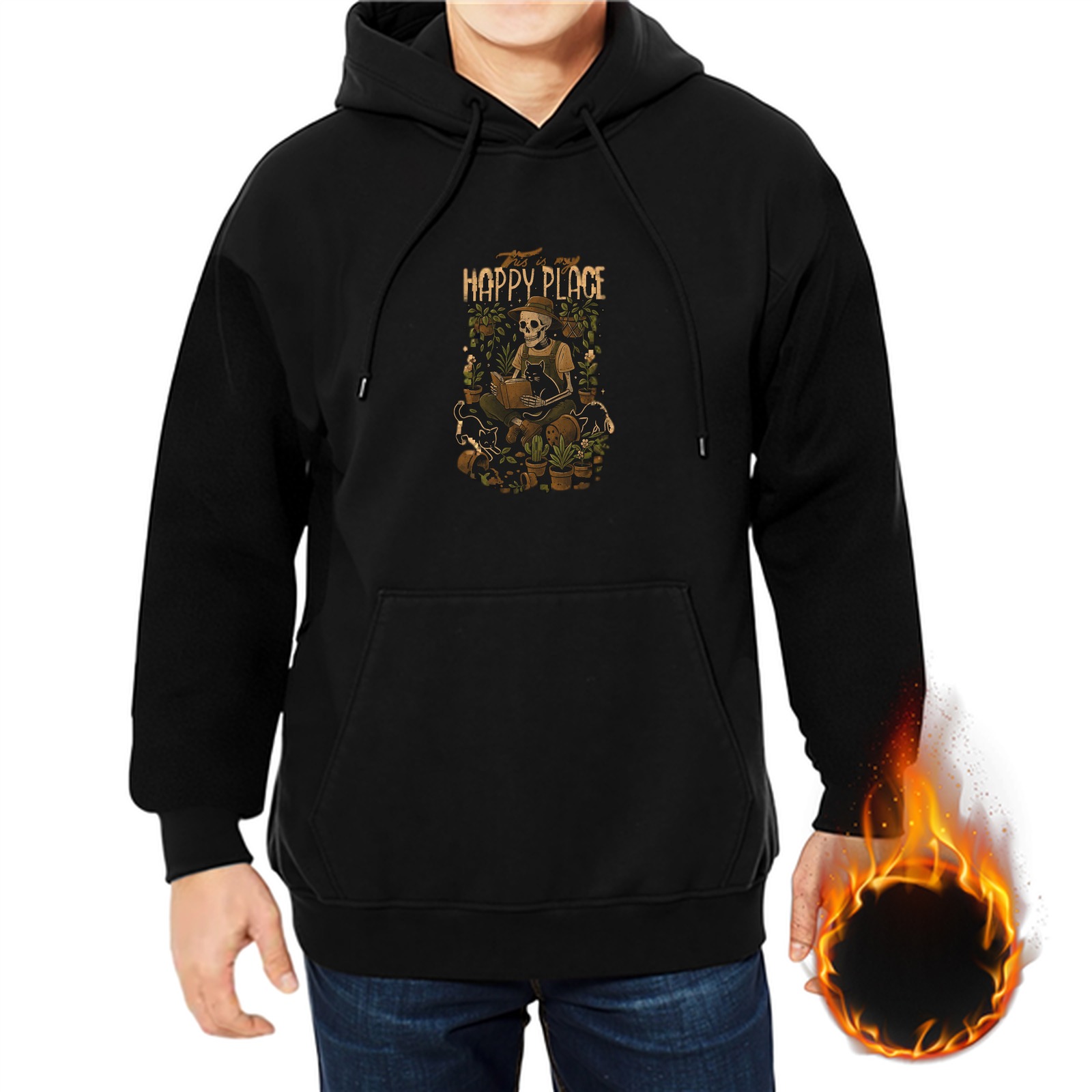 Black hoodie with skeleton gardener 'Happy Place' graphic