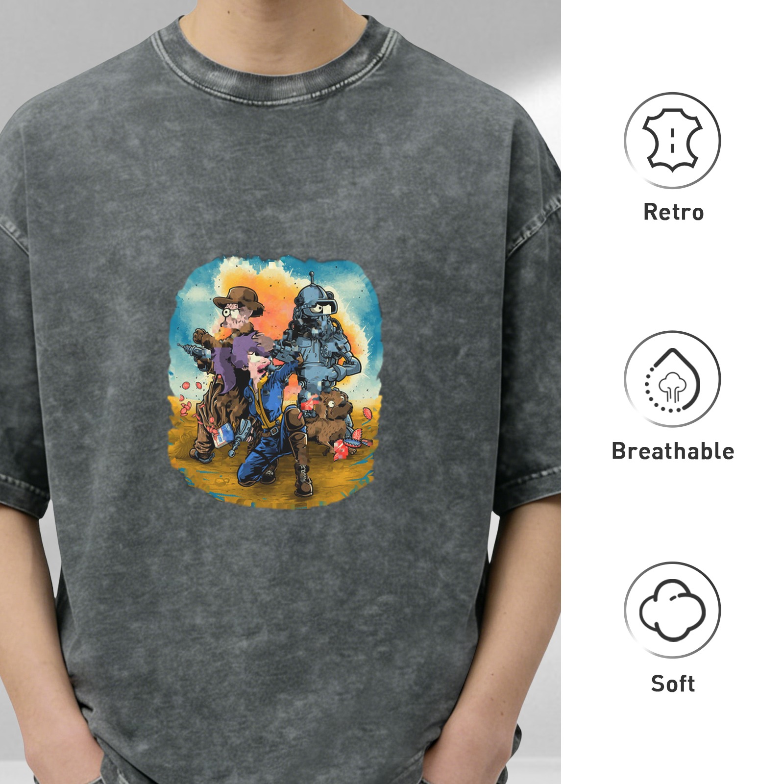 Vintage Washed Black T-Shirt with Fallout Themed Watercolor Graphic Print