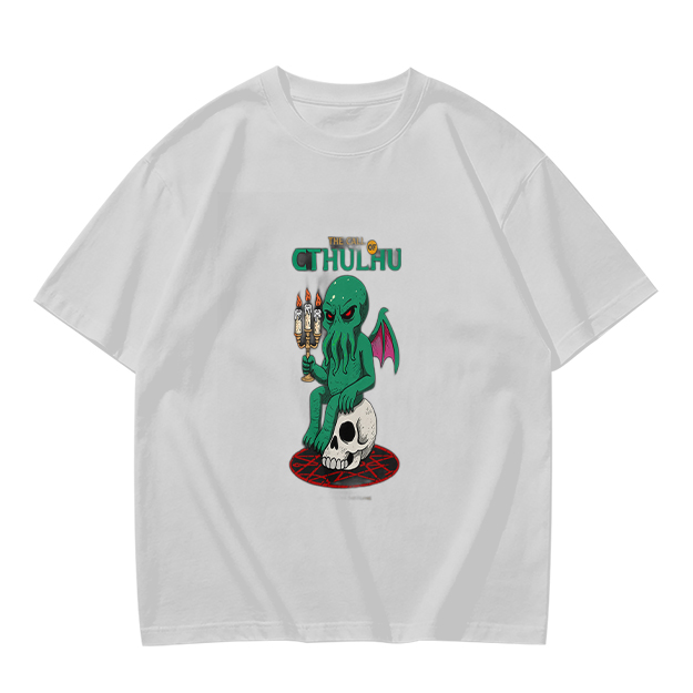 Olive Green Cthulhu Graphic T-Shirt with Skull and Candles