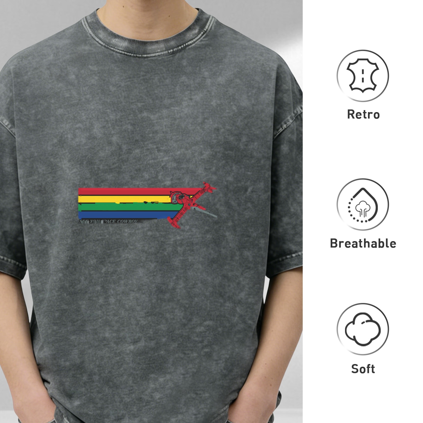 Washed Black Oversized T-Shirt With Rainbow Stripe And Red Spaceship Print