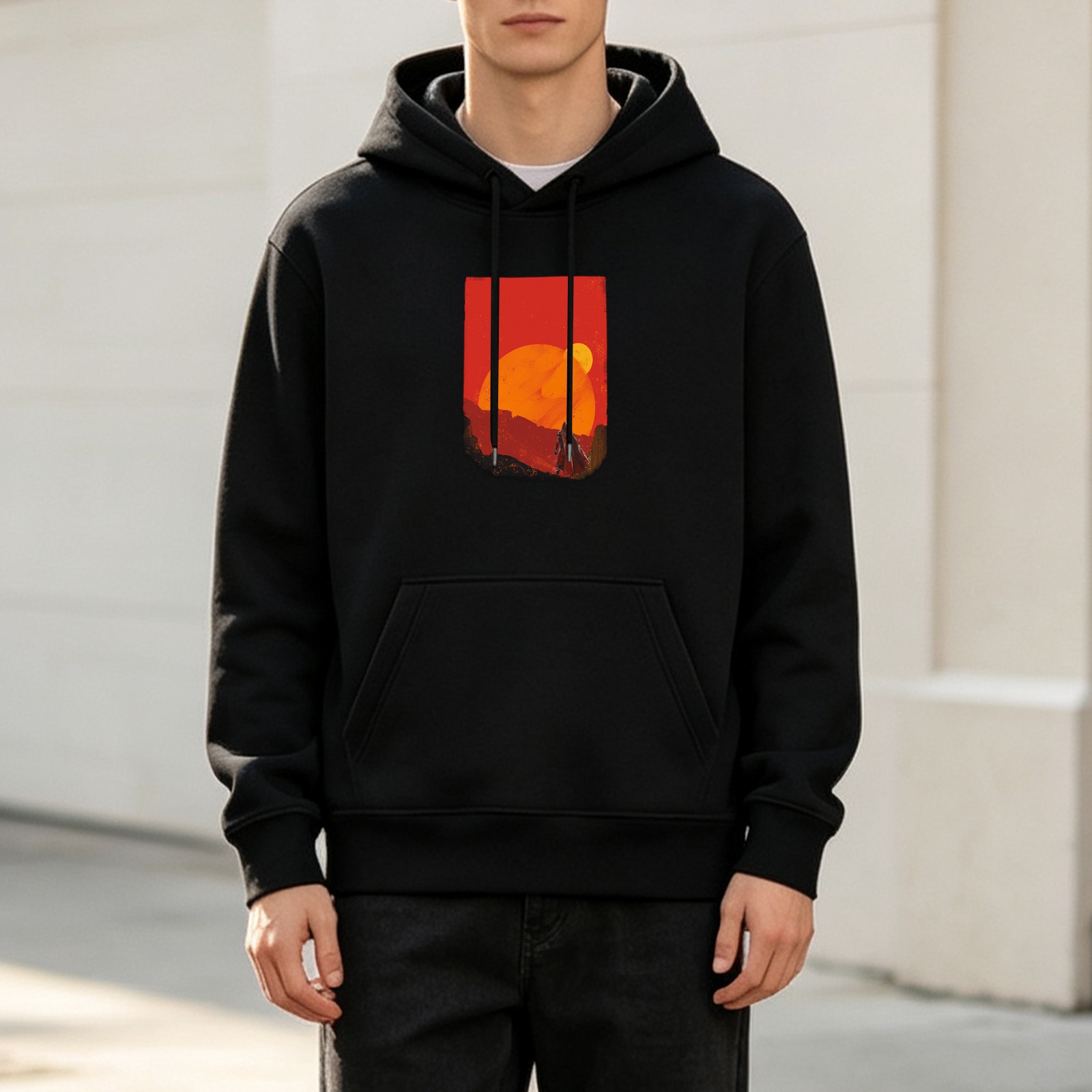 Black Hoodie with Dual Sunset Desert Landscape Graphic