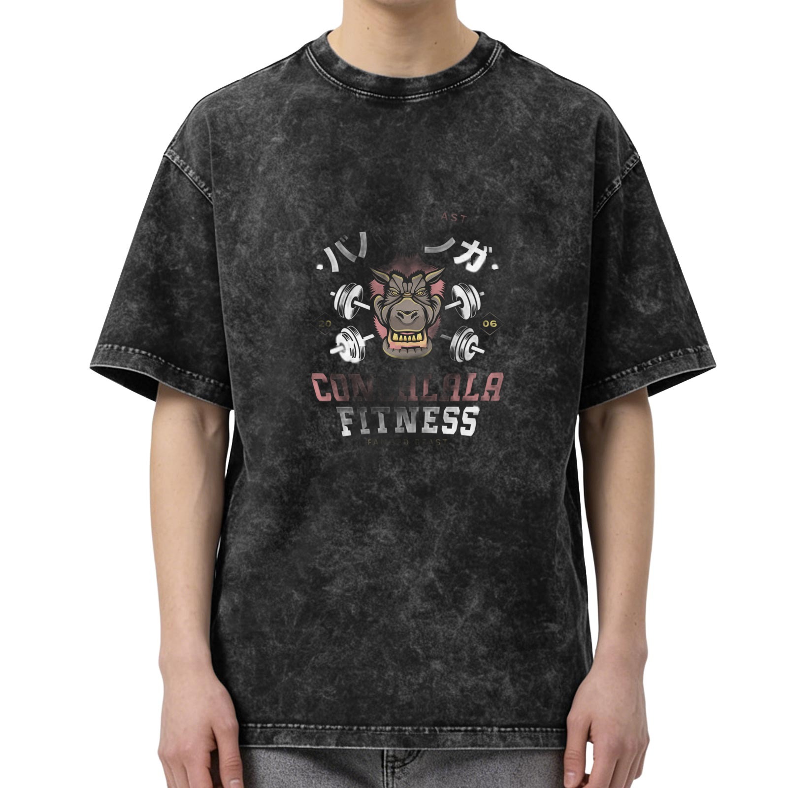 Oversized Stonewashed Gym T-Shirt with Fitness Gorilla Graphic