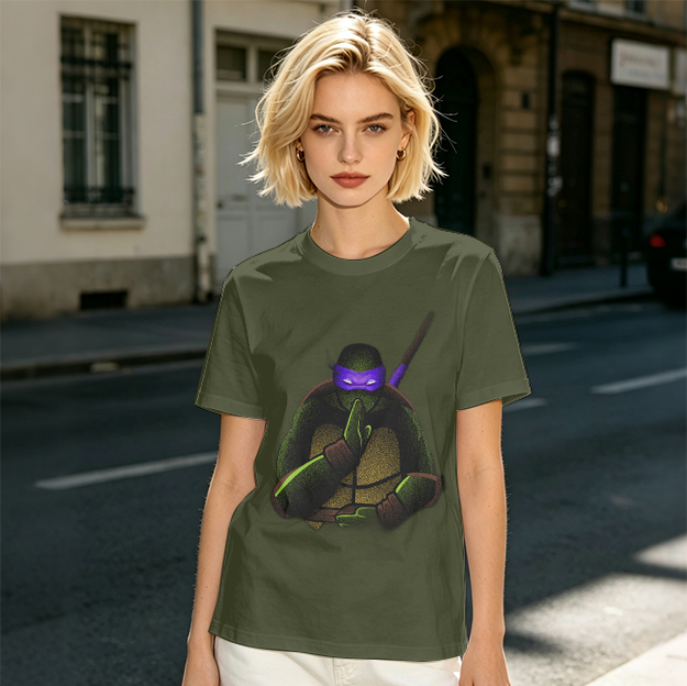 Olive Green T-Shirt Featuring Purple Masked Ninja Turtle Graphic