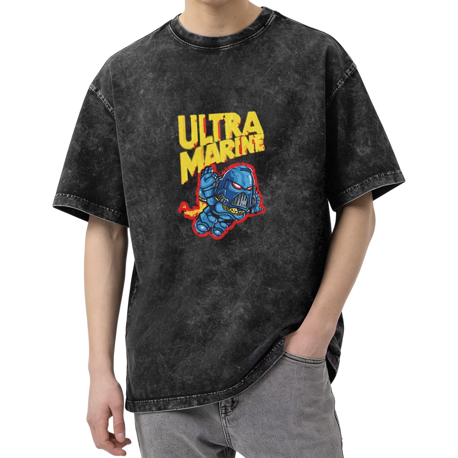 Warhammer 40k Ultramarine Space Marine Graphic Oversized Stone Wash T-Shirt