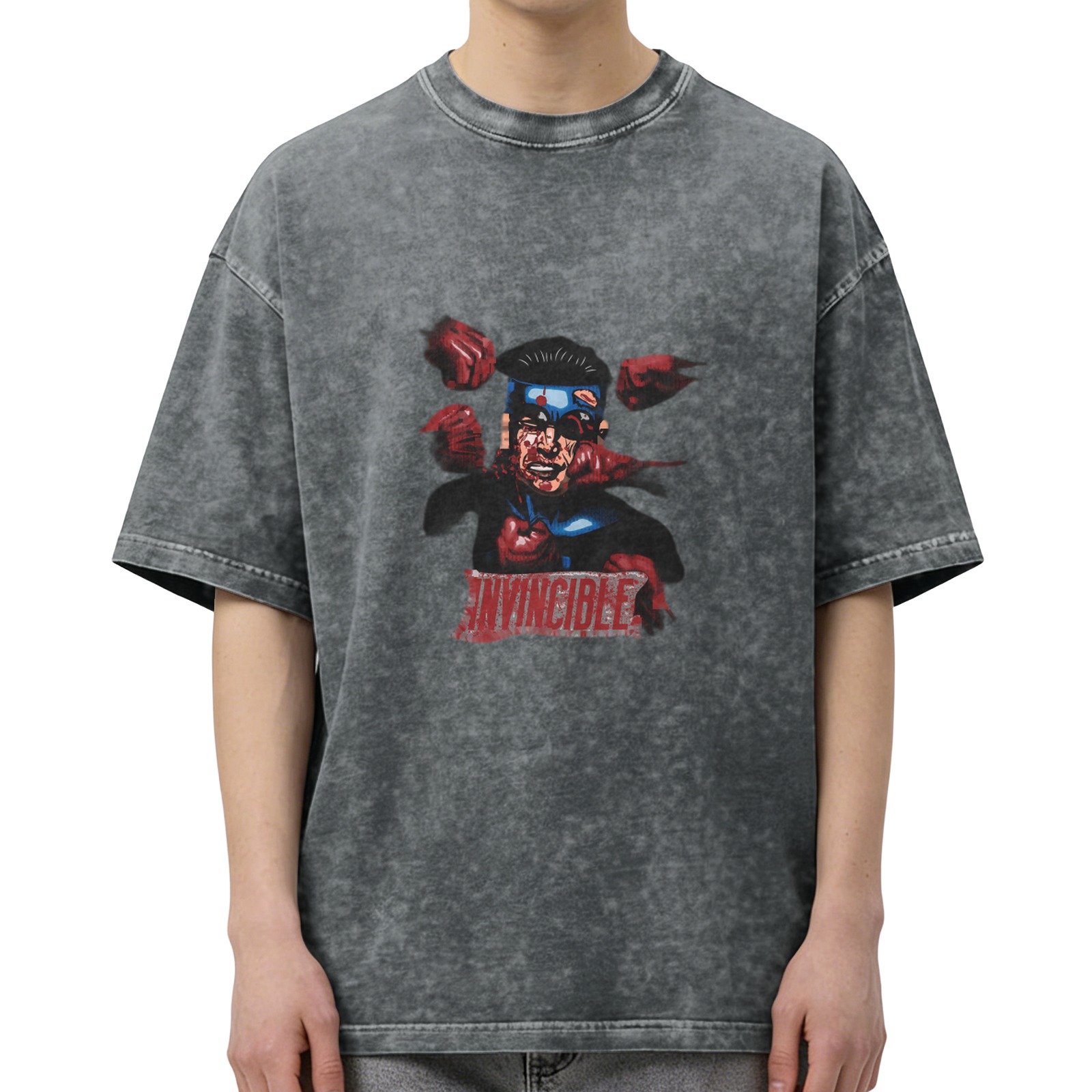 Washed Black T-Shirt With Invincible Superhero Graphic Print