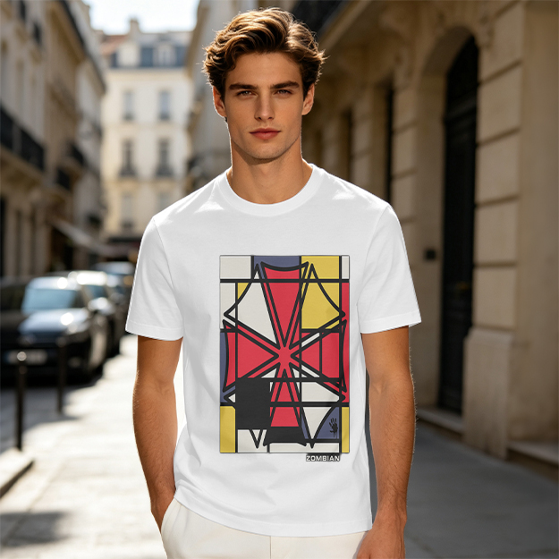 Olive T-Shirt with Mondrian-style Geometric Abstract Graphic Print
