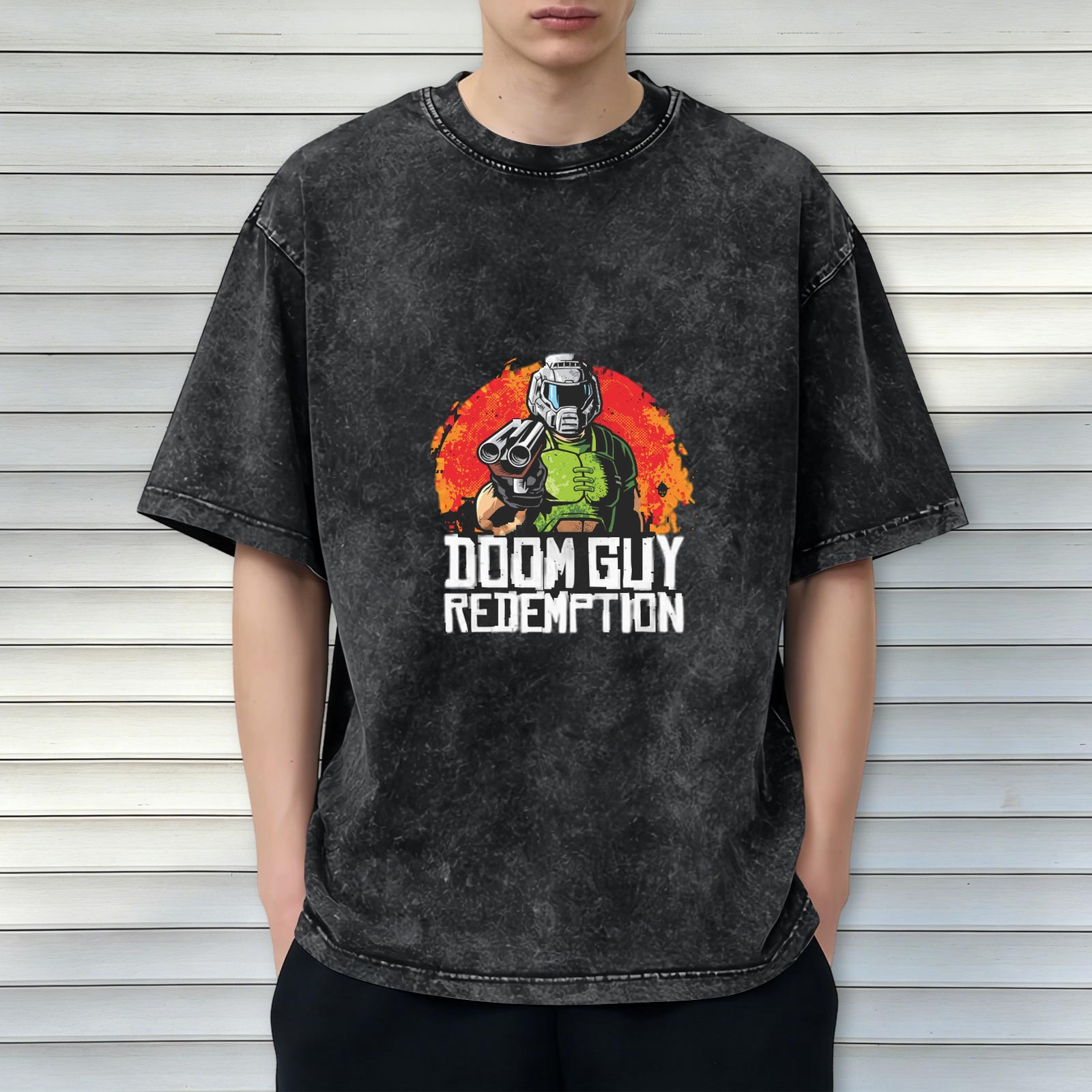 Doom Guy Redemption Graphic Acid Wash Black T-Shirt