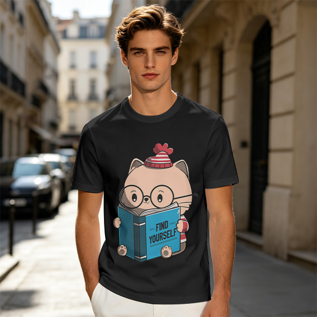 Olive T-shirt with Cute Reading Cat Graphic 'Find Yourself'