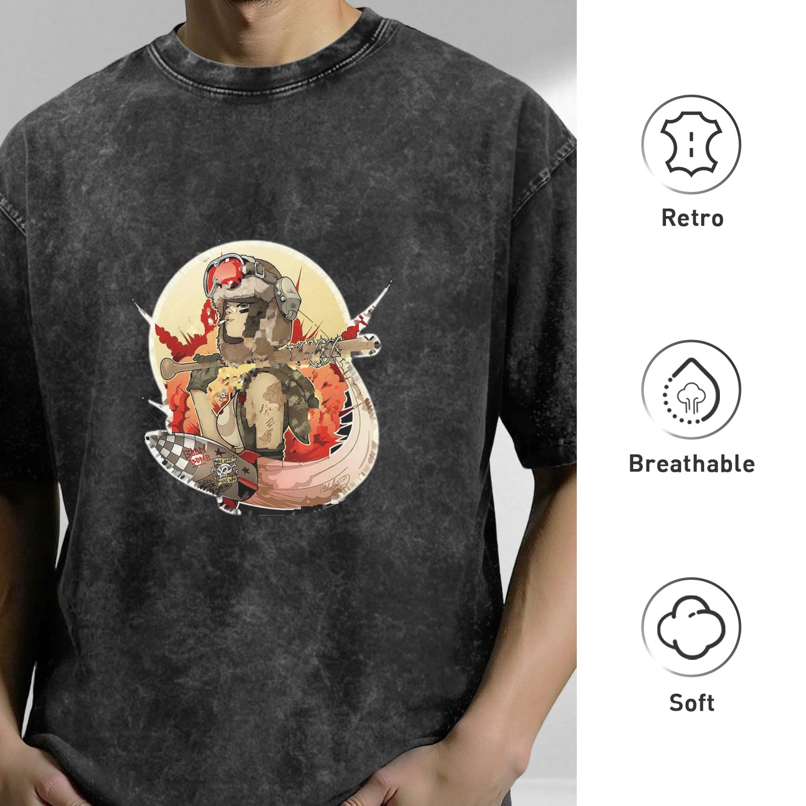 Oversized Acid Wash T-Shirt with Retro Pilot Graphic Print
