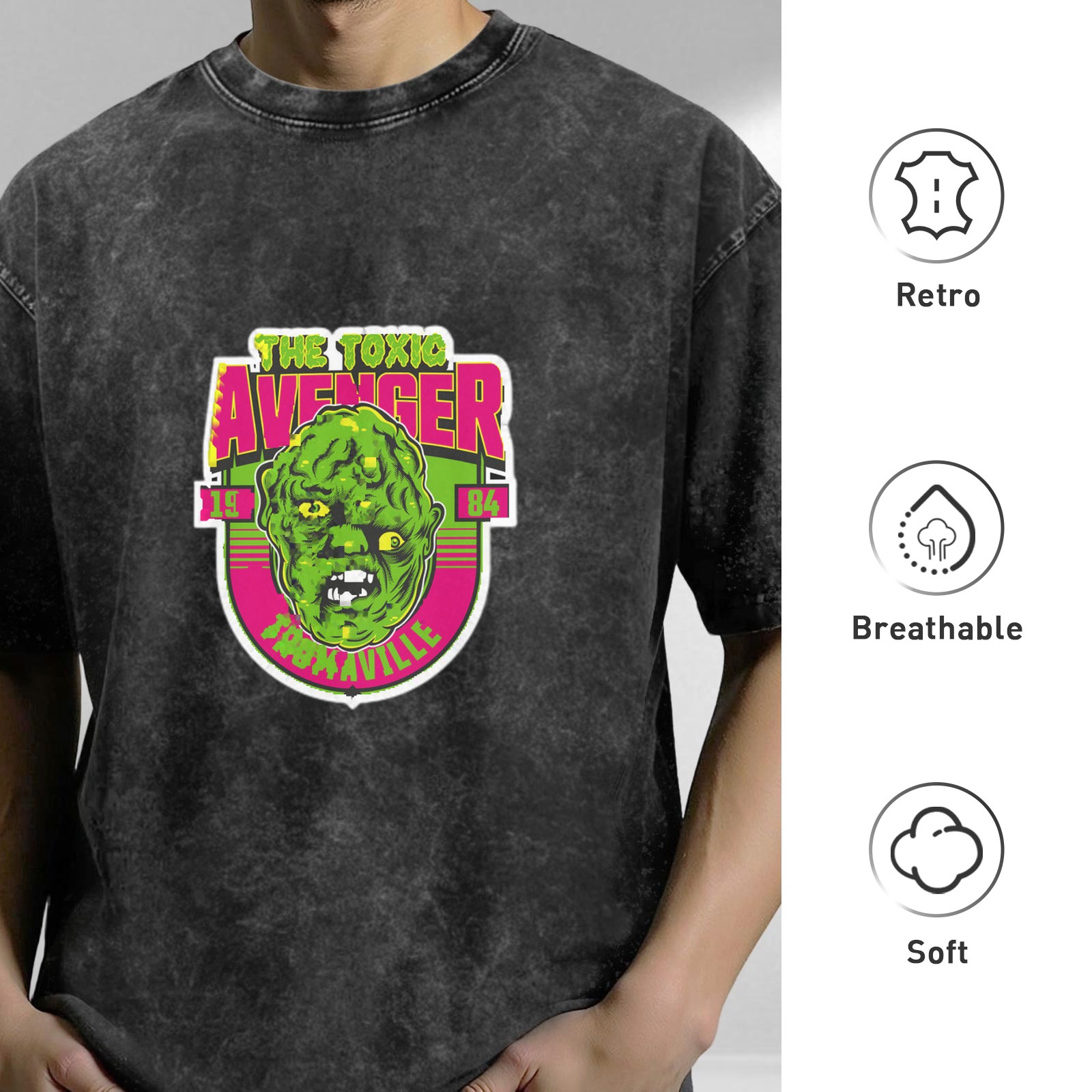 Washed Black T-Shirt with The Toxic Avenger 1984 Tromaville Print