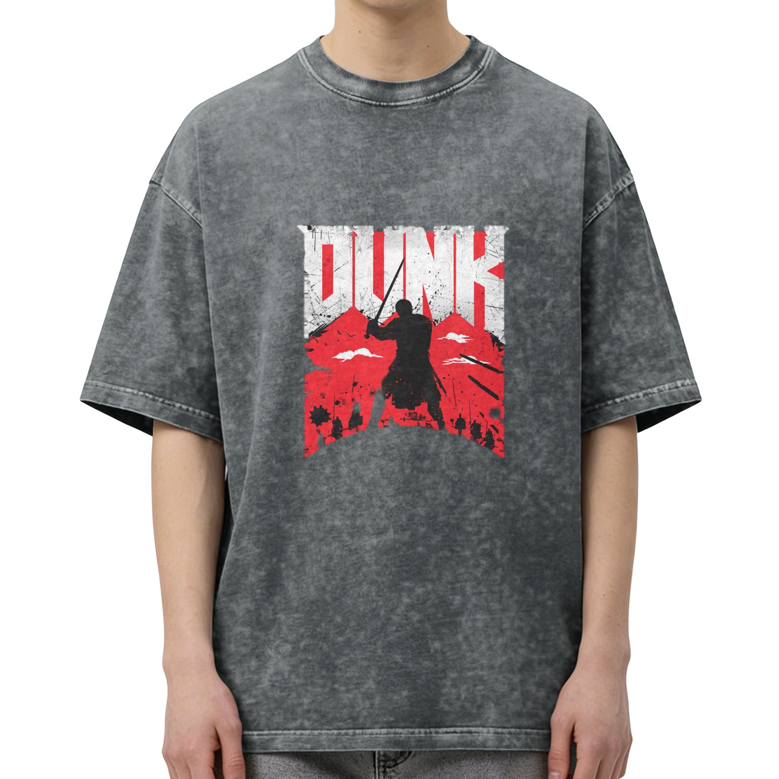 Oversized Dark Wash T-Shirt With Warrior Dunk Graphic Print