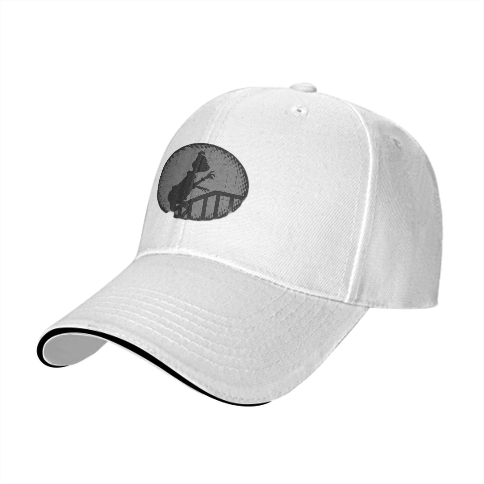 Black baseball cap with Grinch silhouette on staircase design