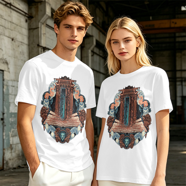 Olive T-Shirt With Ornate Architectural Book Print