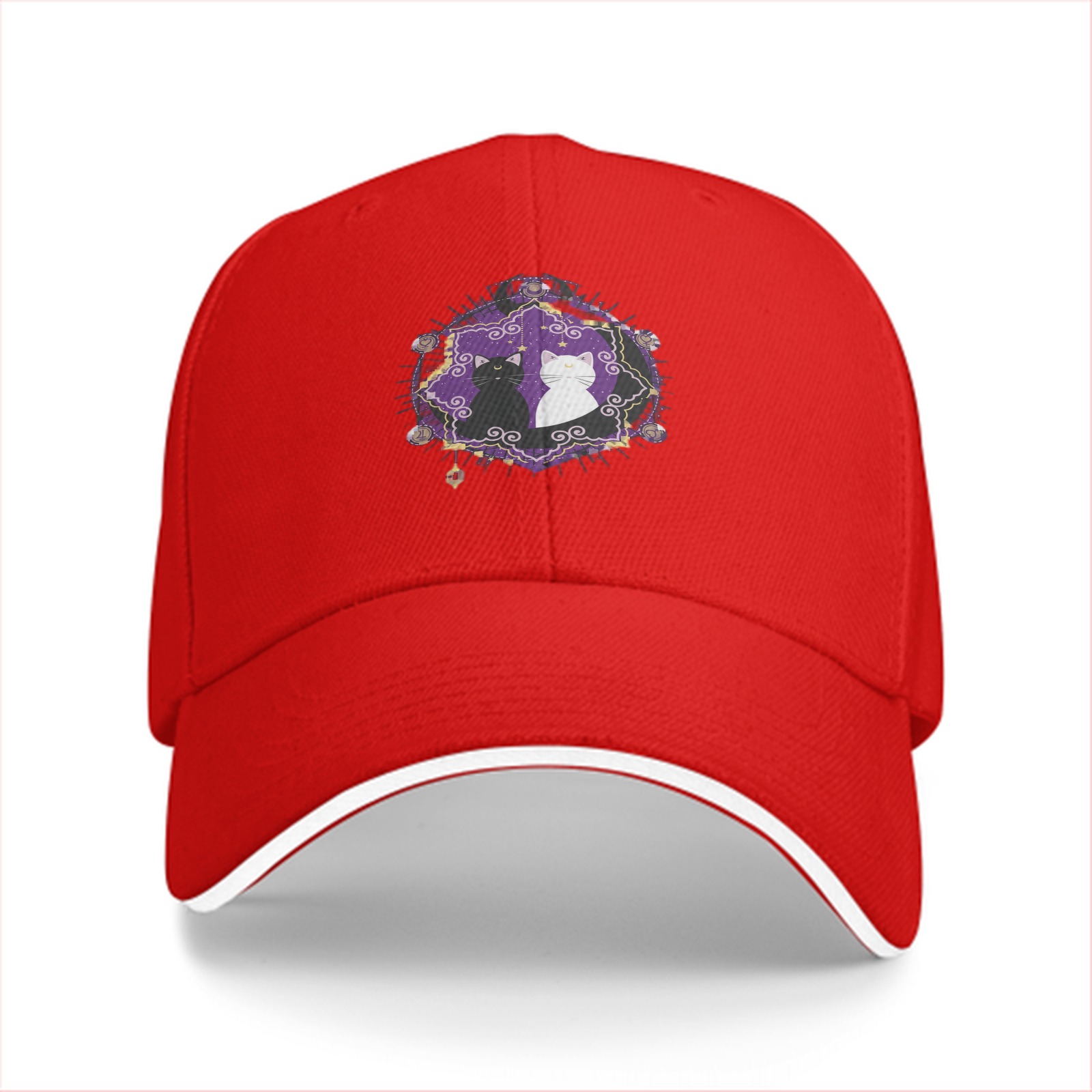 Black baseball cap with purple star cat graphic design
