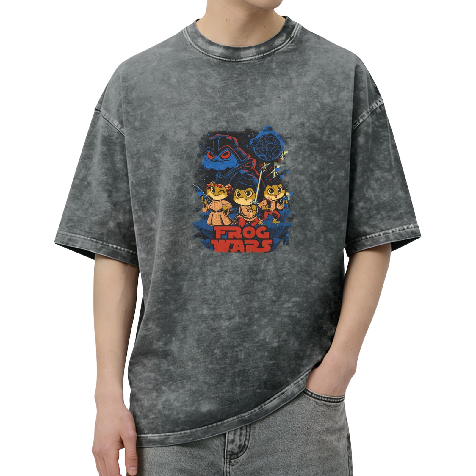 Frog Wars themed distressed short-sleeved T-shirt, casual and loose style