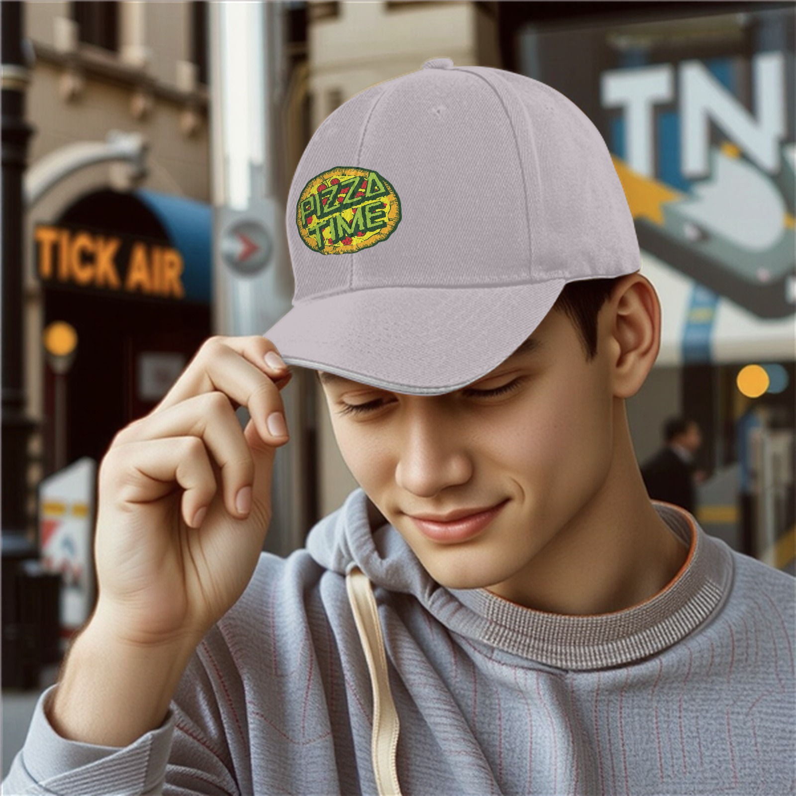 Black Baseball Cap With Pizza Time Graphic Design