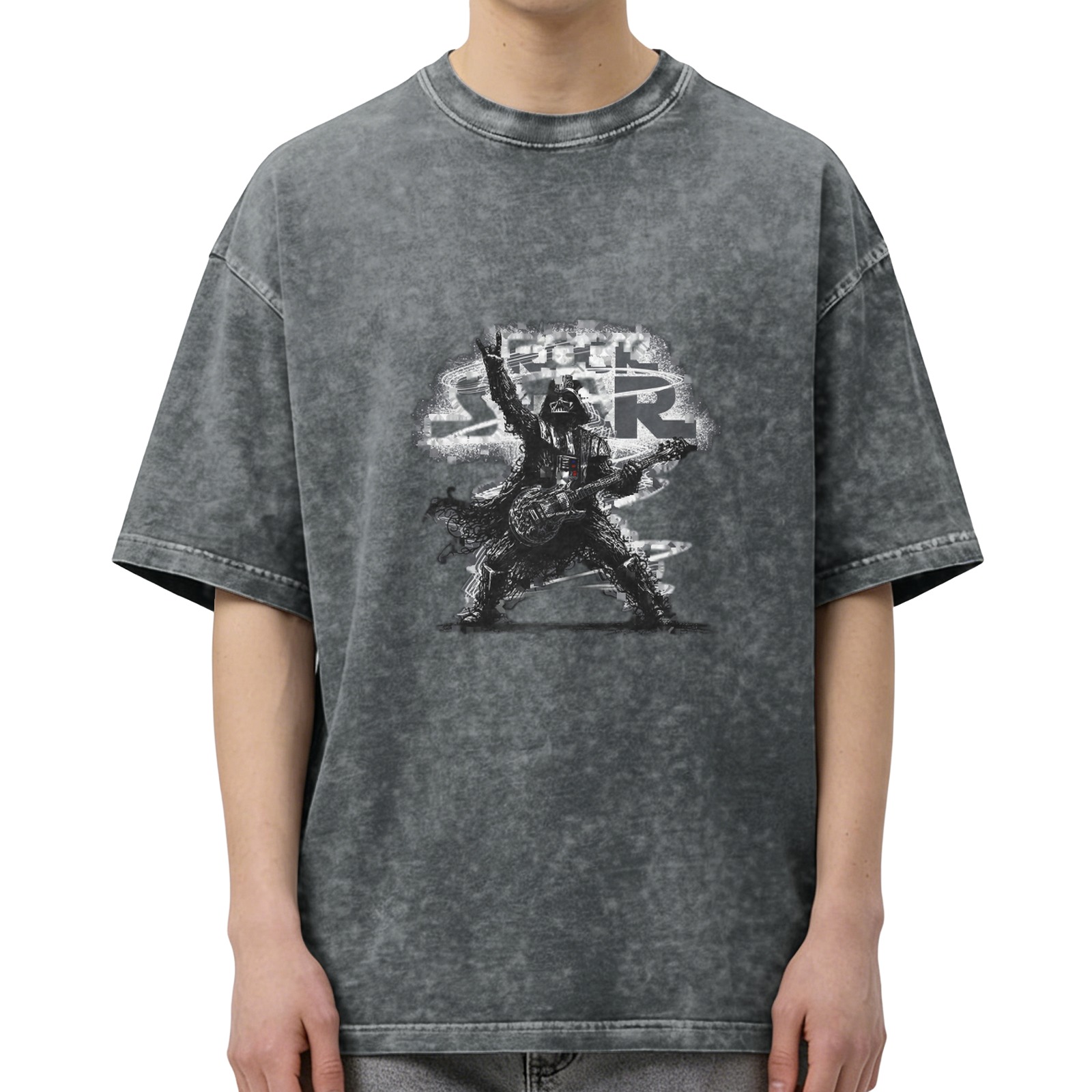 Distressed black rock and roll themed printed short-sleeved T-shirt
