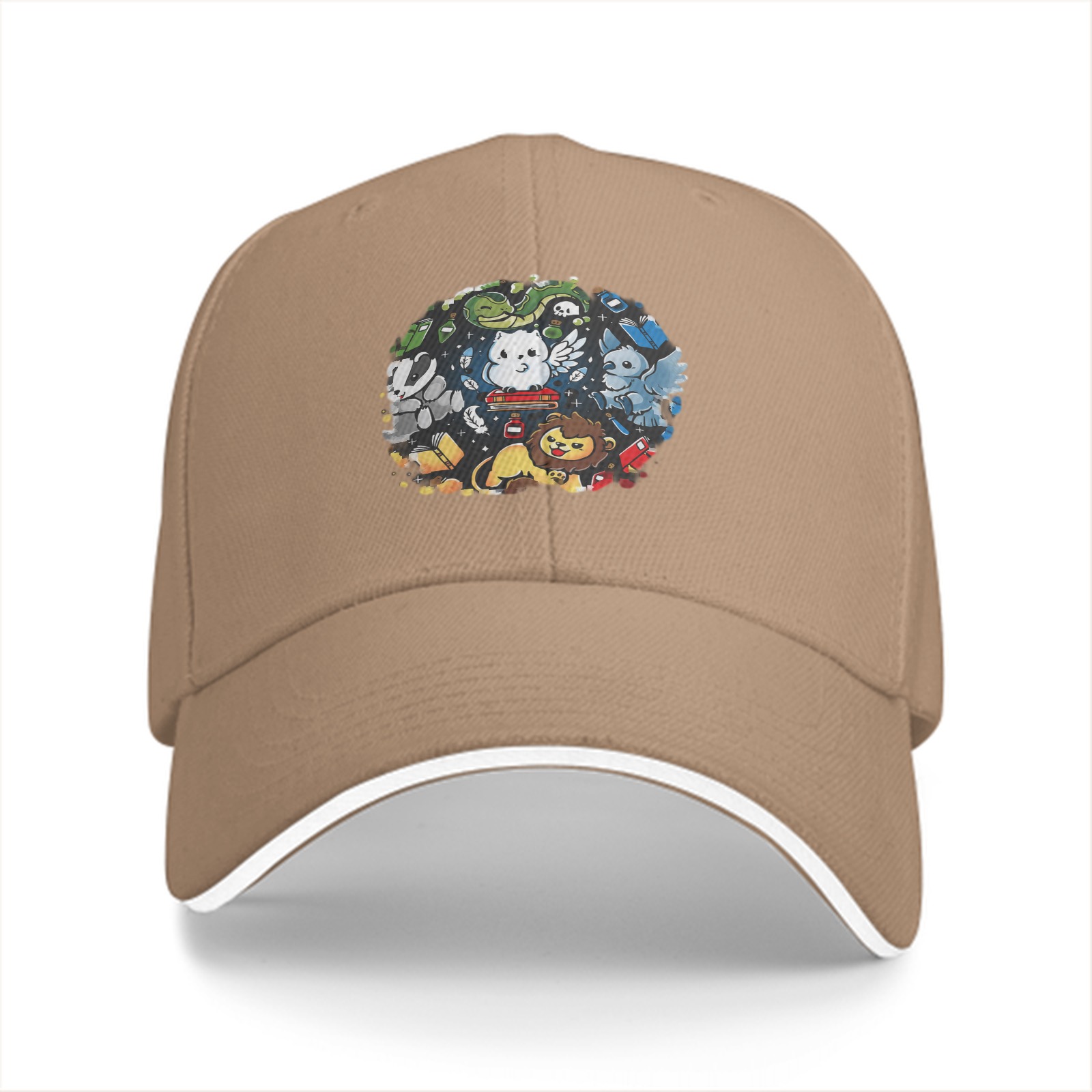 Black Baseball Cap With Cute Magical Creatures Graphic Design