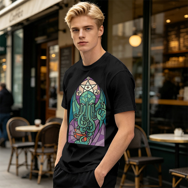 Olive T-Shirt with Stained Glass Style Cthulhu Occult Print