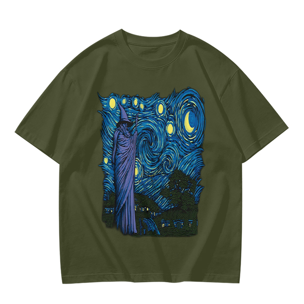 Olive T-Shirt with Wizard Starry Night Art Print