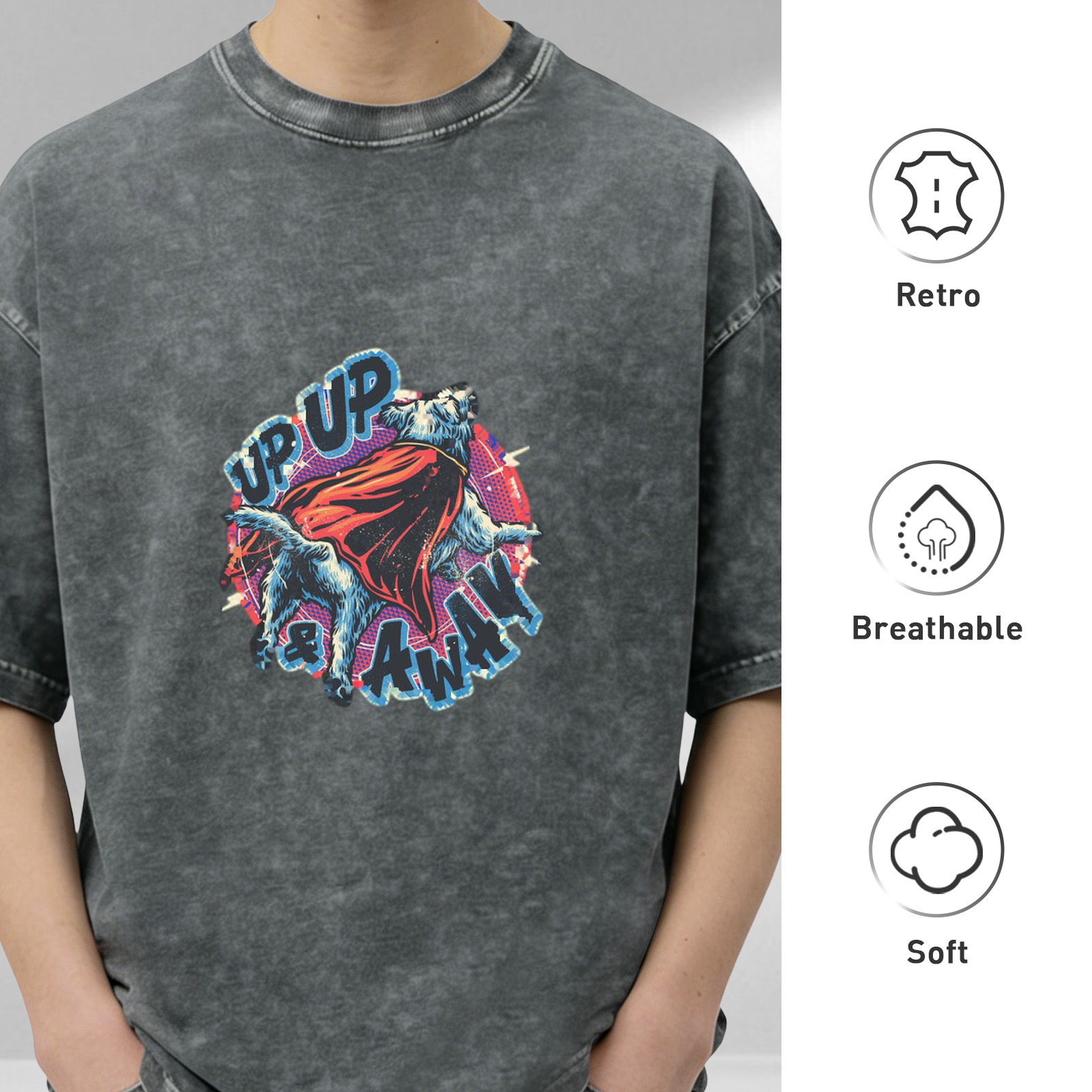 Washed Black T-Shirt With Superhero Dog 'Up Up & Away' Graphic