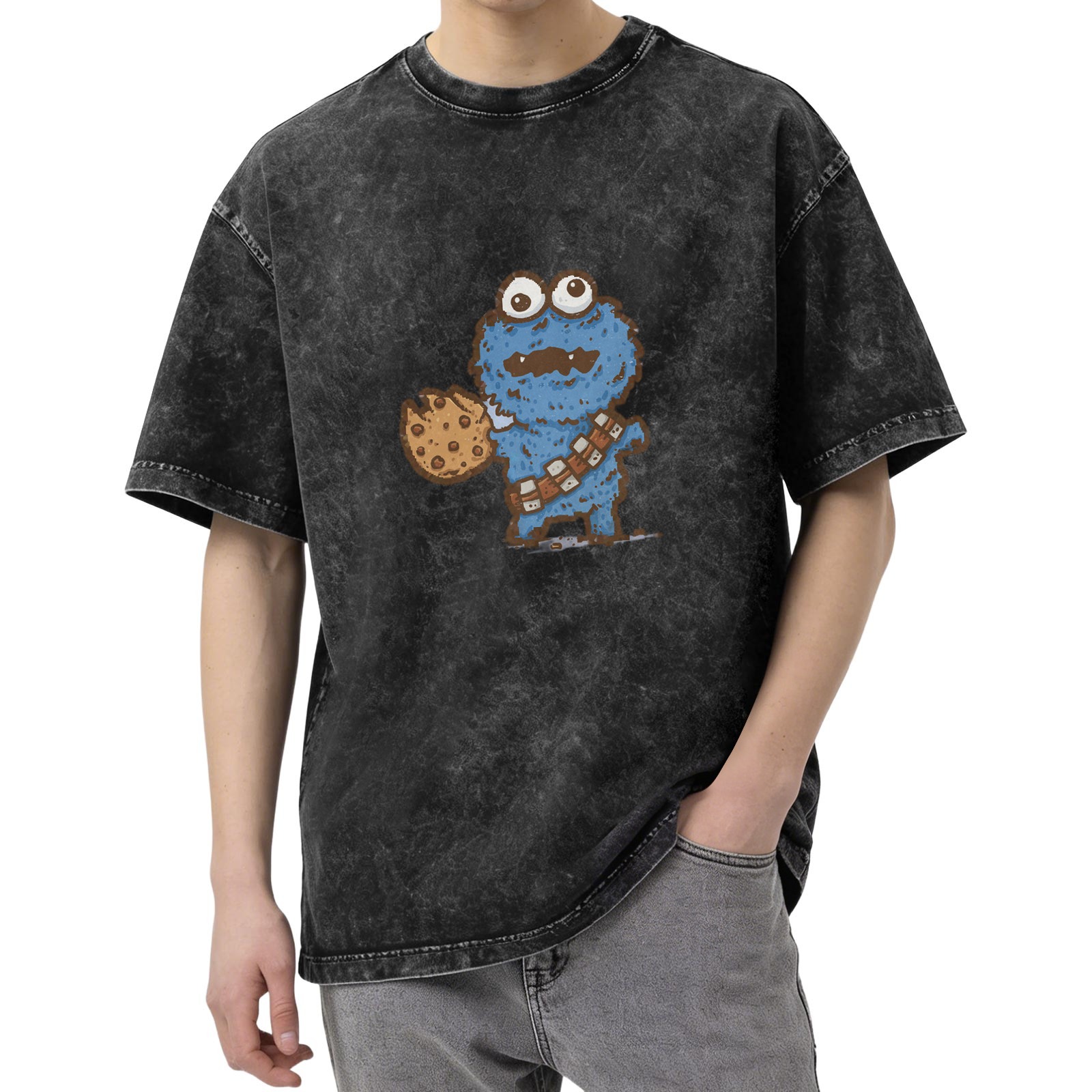 Washed Black T-Shirt with Cookie Monster Holding a Cookie Graphic