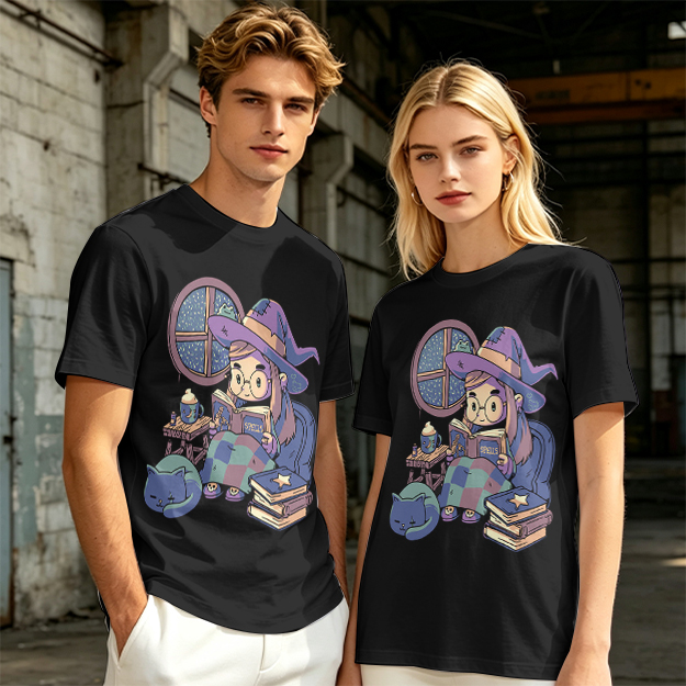 Olive t-shirt with cozy reading witch and cat graphic