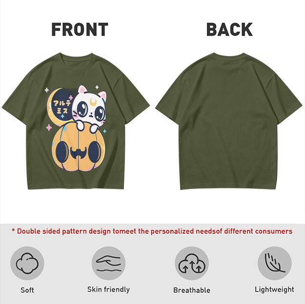 Cute white cat on jack-o'-lantern Halloween graphic tee