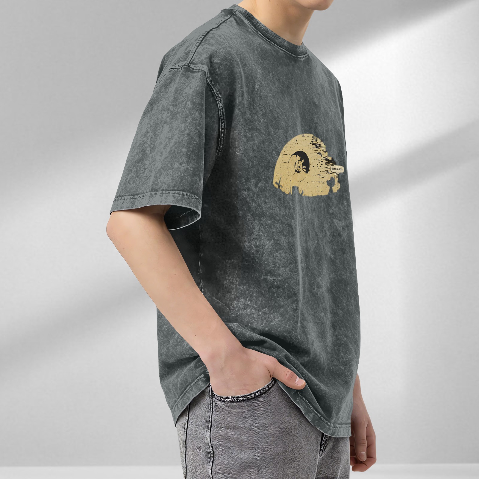 Distressed washed black Star Wars theme T-shirt round neck short-sleeved casual top