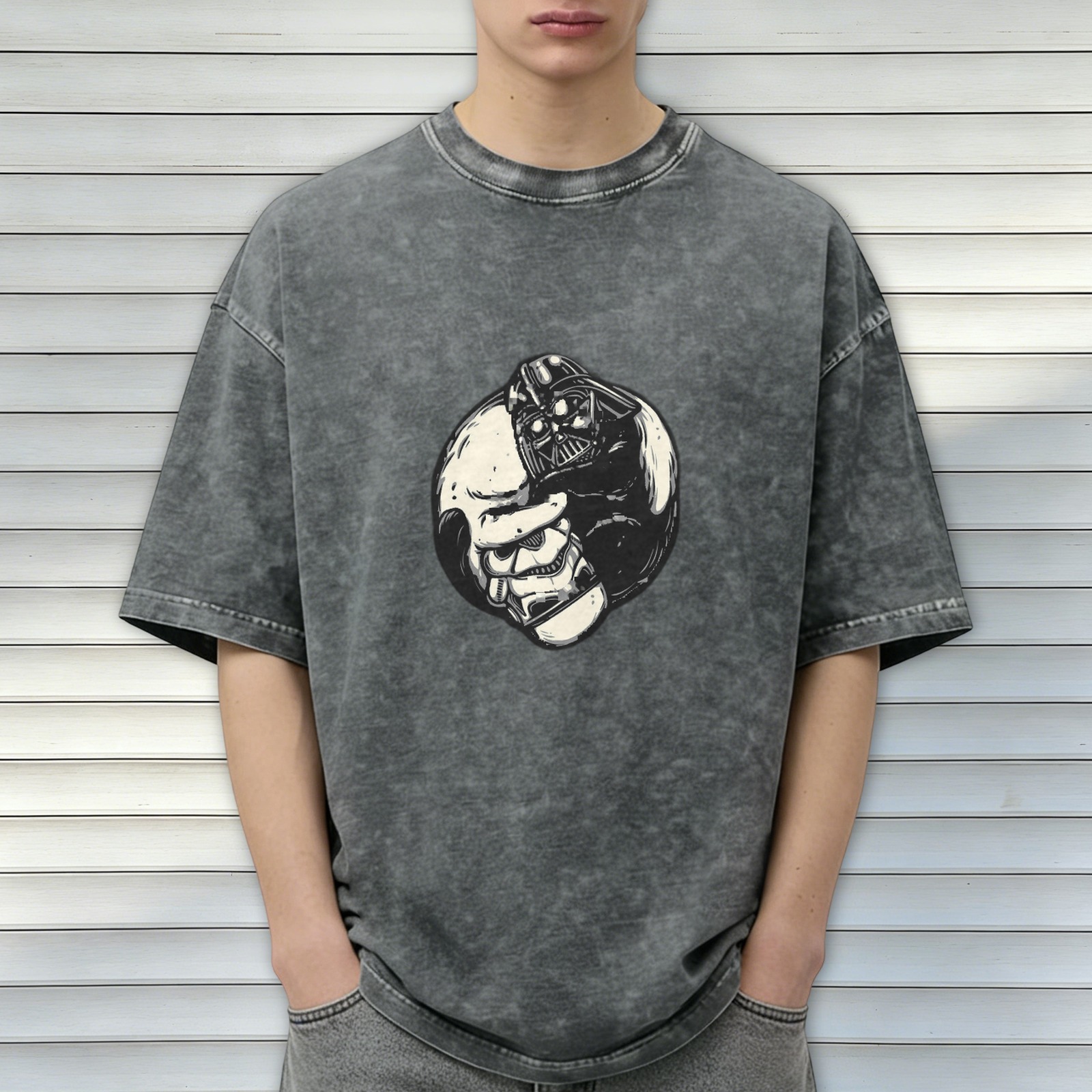 Washed Black Oversized T-Shirt with Split Darth Vader Skull Graphic