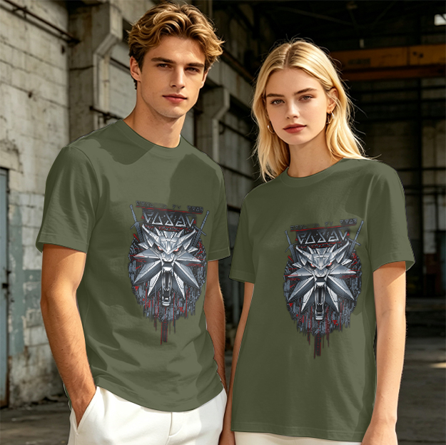 Olive Green T-Shirt With Witcher Wolf Medallion Graphic