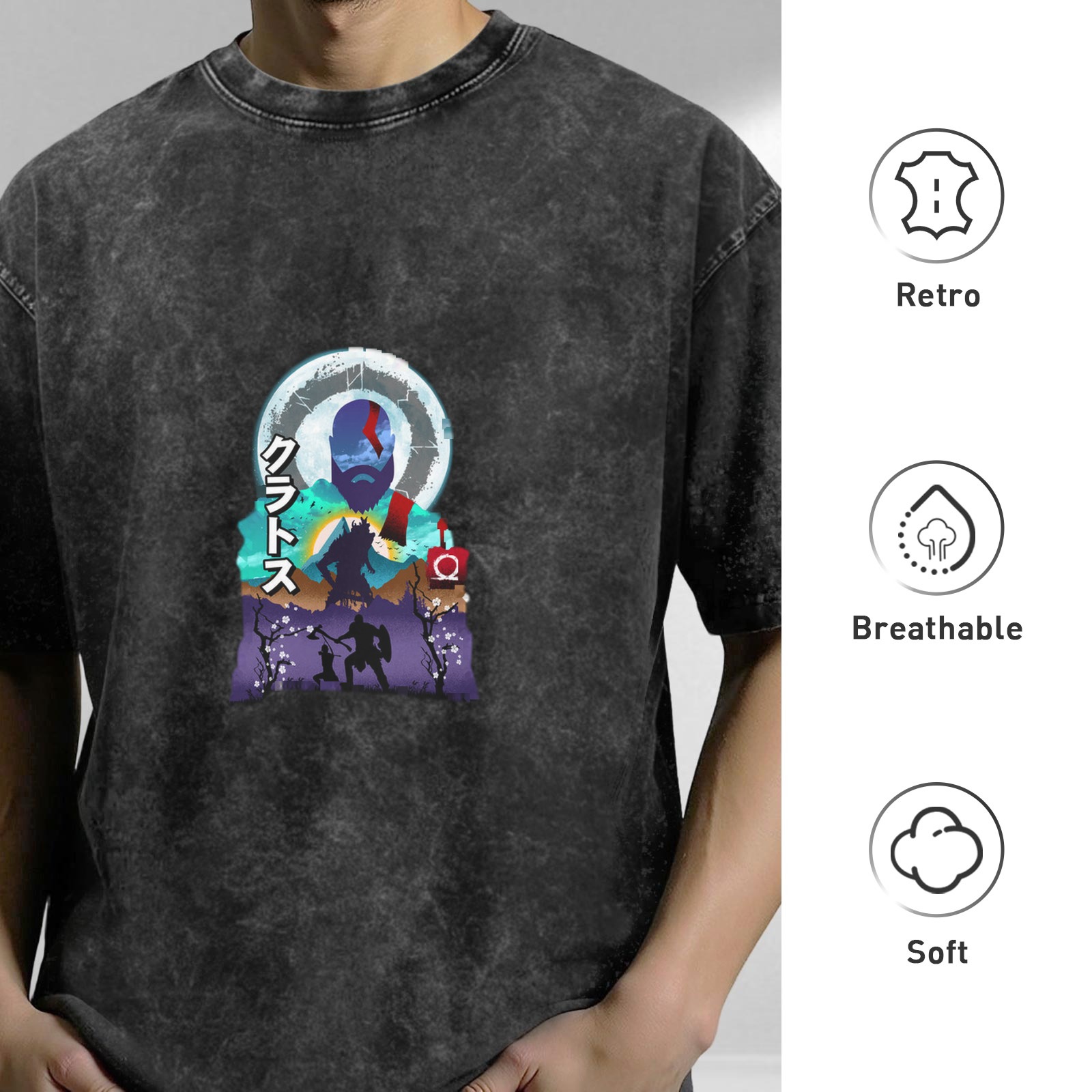 Oversized Dark Wash Graphic Tee With Norse Warrior Artwork