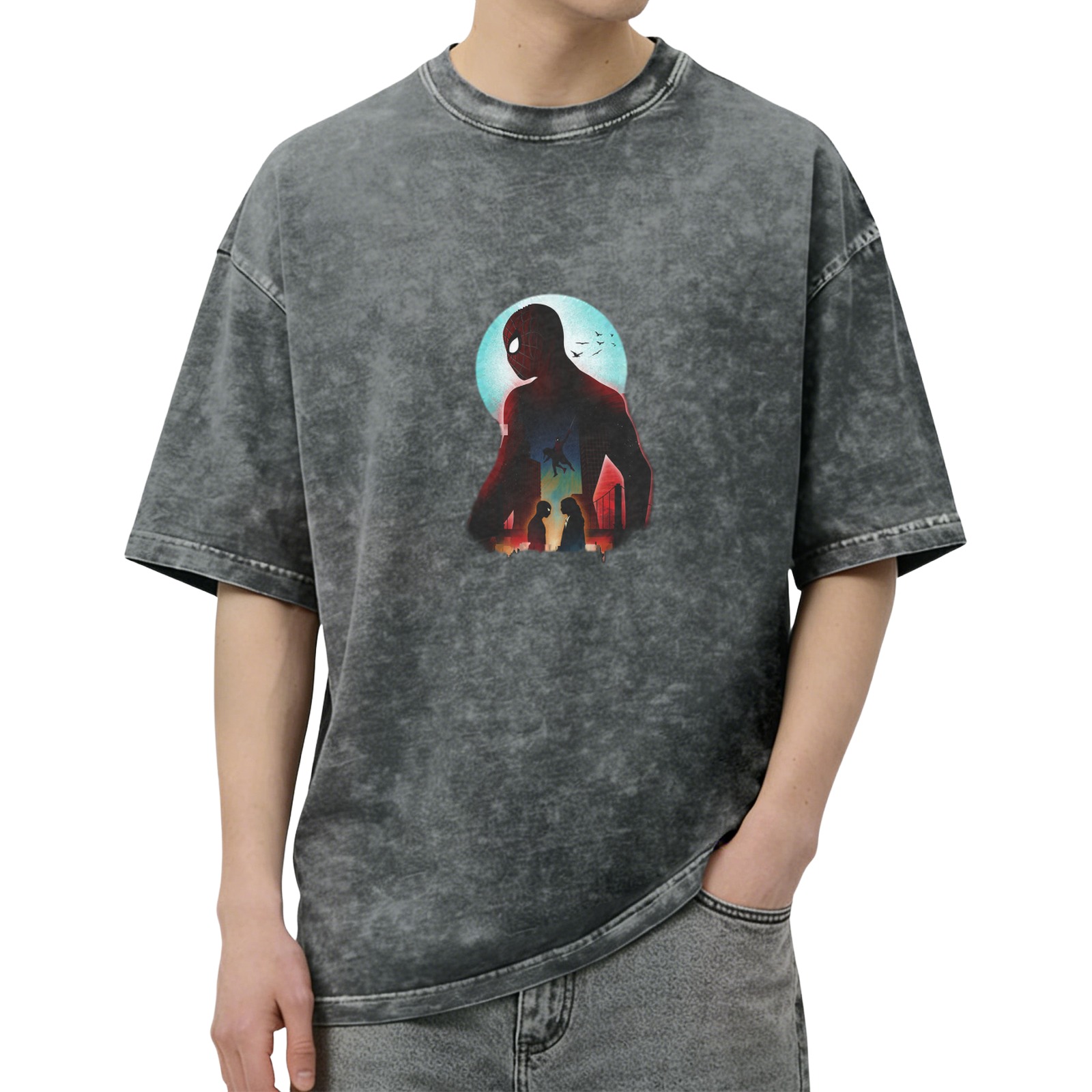 Washed Black T-Shirt with Spider-Man Silhouette Graphic