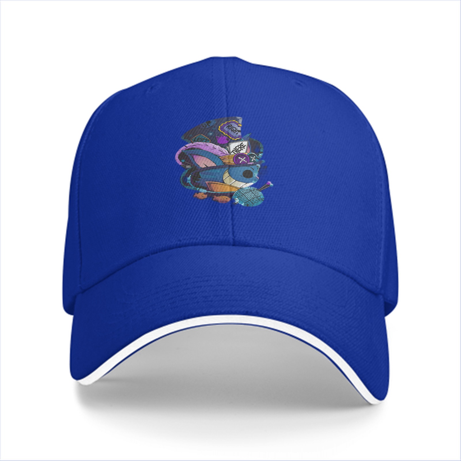 Black baseball cap with whimsical blue creature graphic
