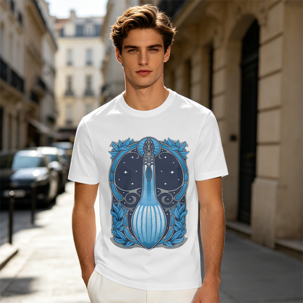 Olive T-Shirt With Art Nouveau Celestial Lute Graphic Print