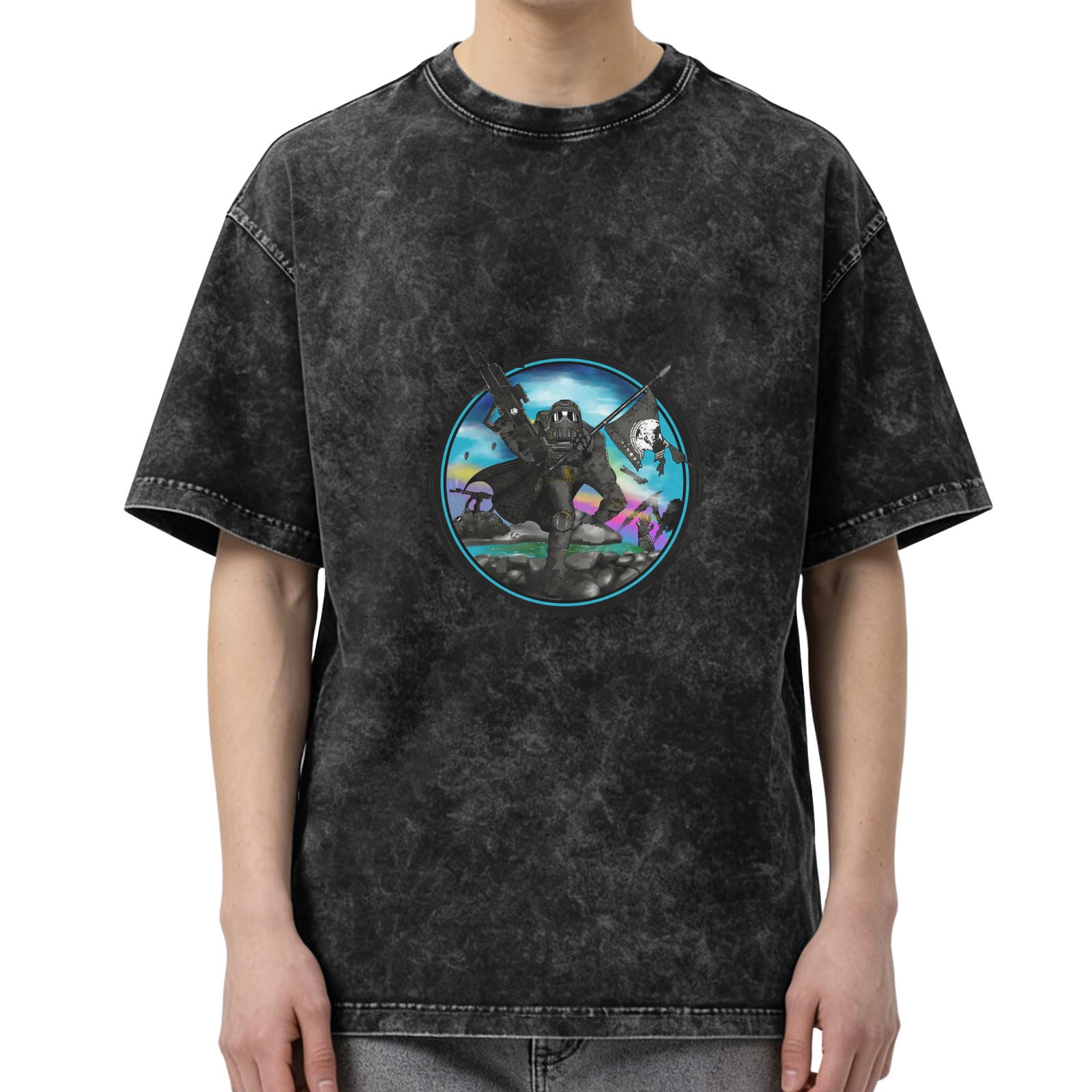 Oversized Black Acid Wash T-Shirt With Cyber Gorilla Pirate Graphic