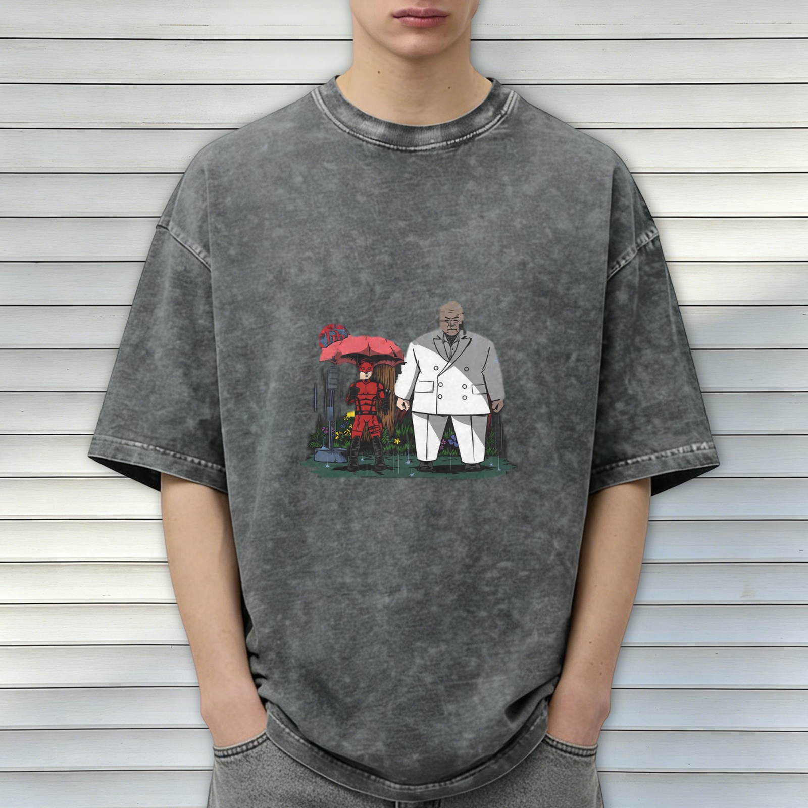 Washed black graphic t-shirt with Daredevil and Kingpin in rain