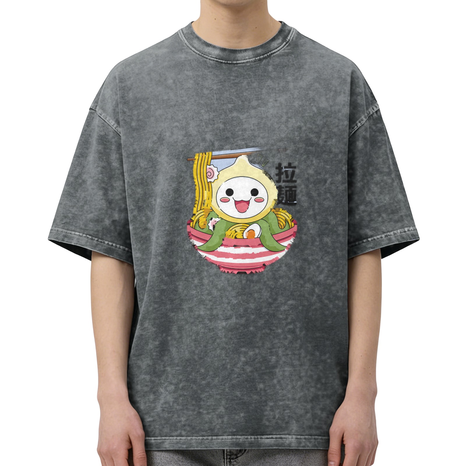 oversized acid wash t-shirt with cute octopus ramen graphic