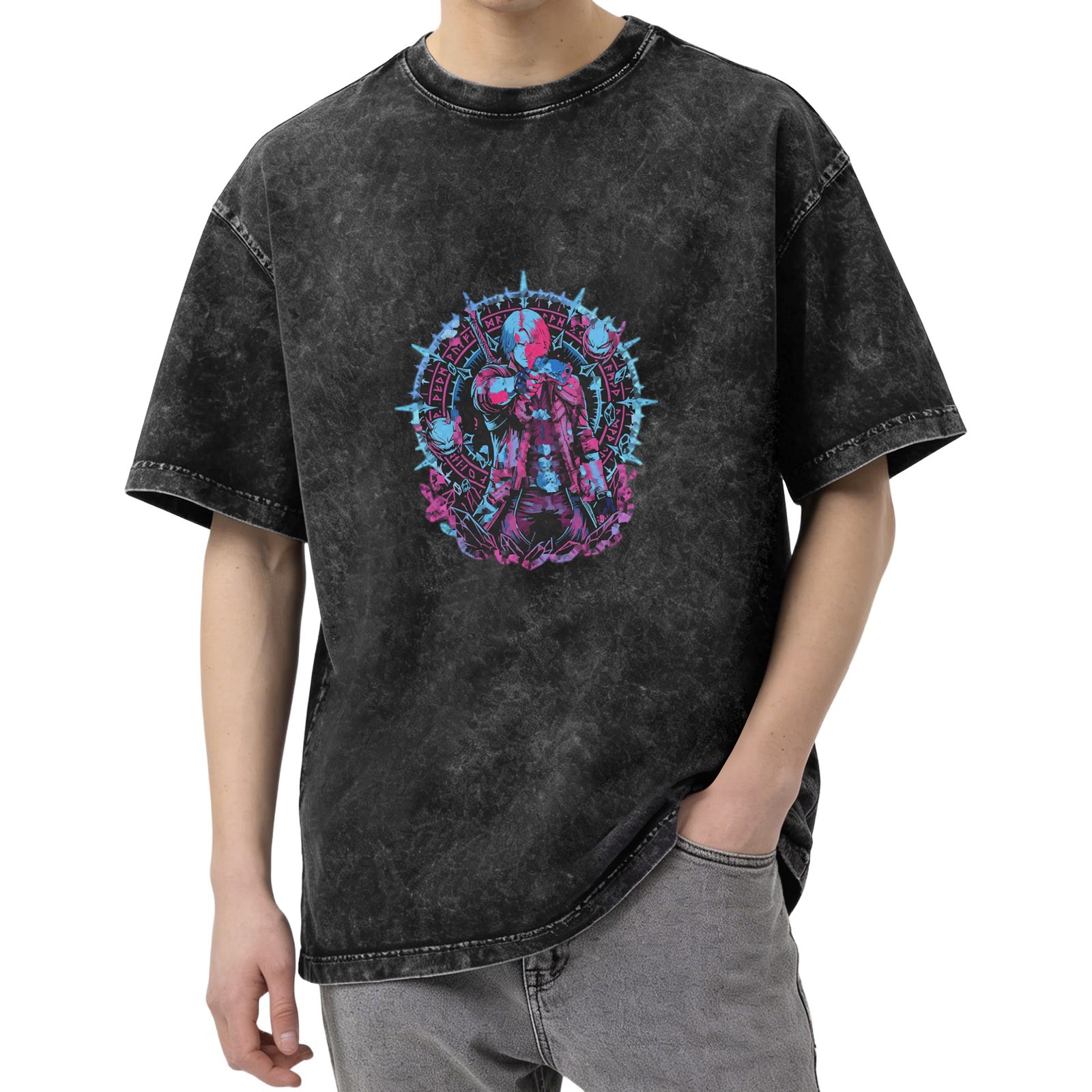 Washed Black Graphic T-Shirt with Neon Fantasy Character Print