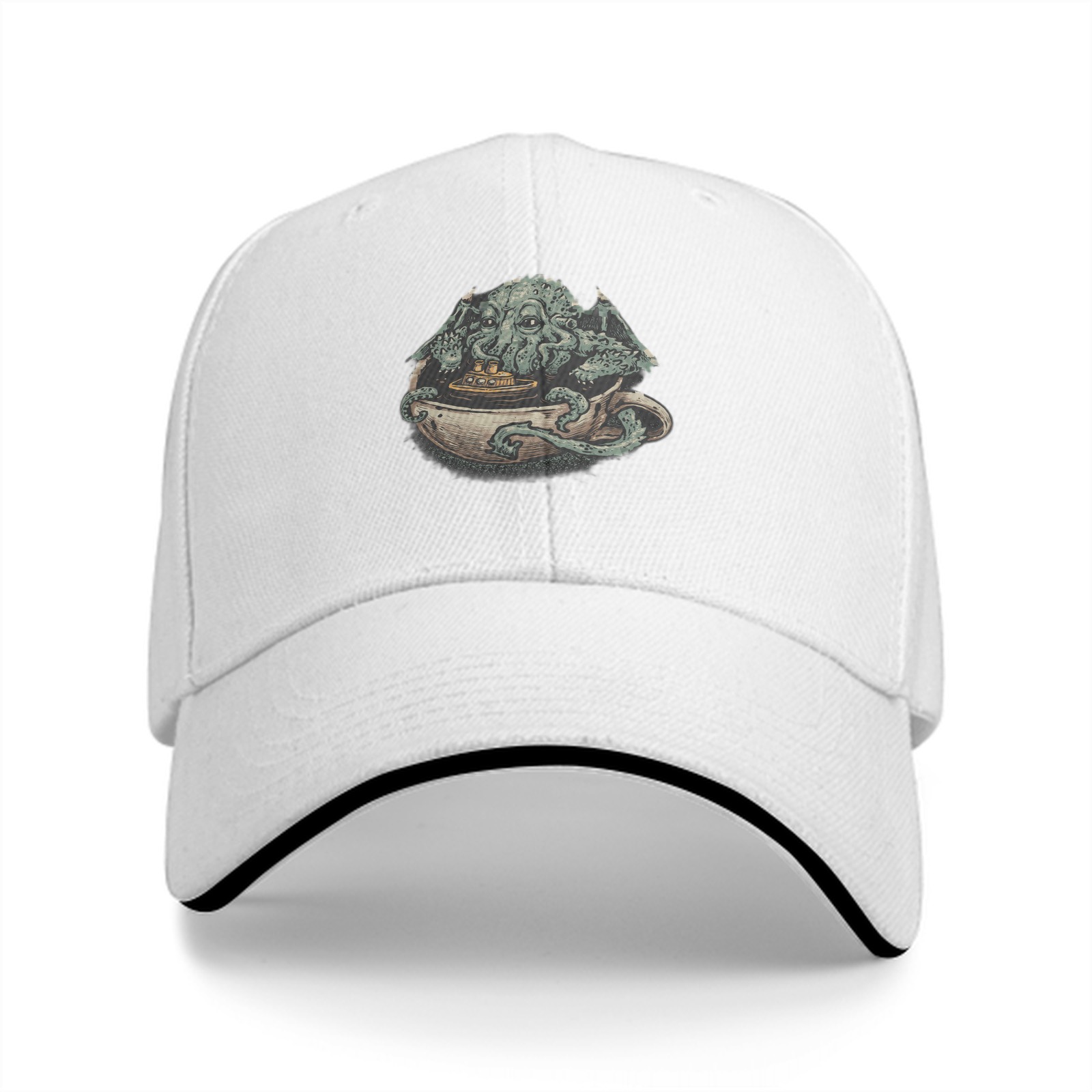 Black Baseball Cap With Cthulhu In Teacup Graphic Print