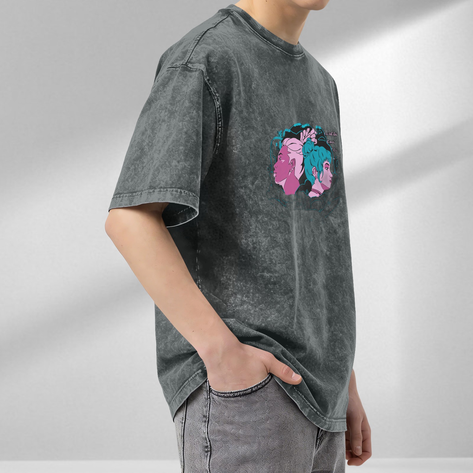 Oversized Acid Wash T-Shirt With Retro Anime Style Graphic Print