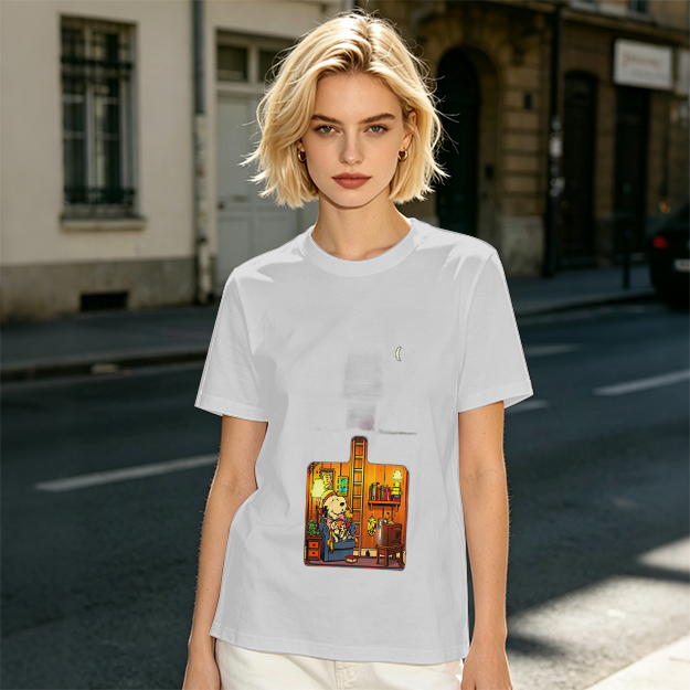 Olive T-Shirt With Cozy Dog In Room Graphic Print