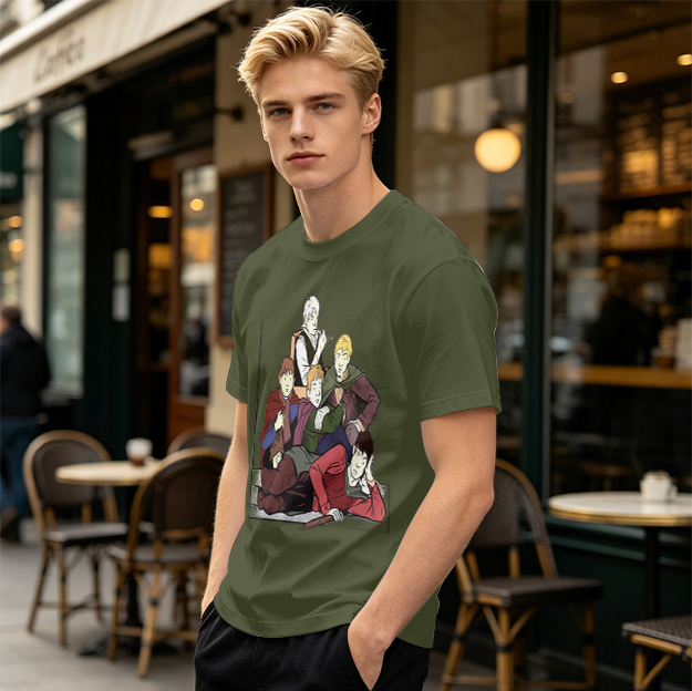 Olive T-shirt with Group of Fantasy Characters Graphic Print