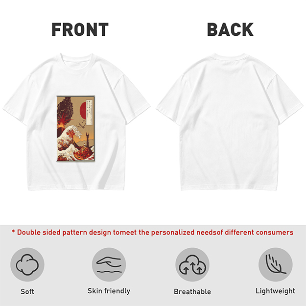 Olive T-Shirt with Ukiyo-e Style Wave and Volcano Print